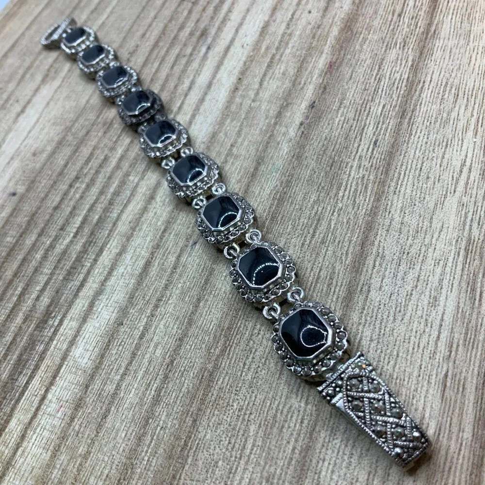 Black Faux Onyx Glass Antique Style Silver Tone Border Bracelet
